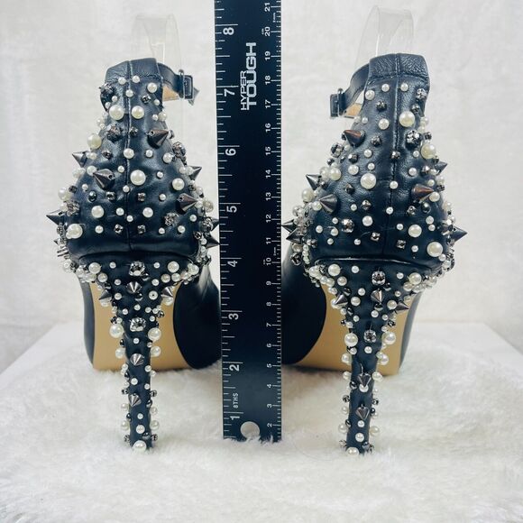Gianni Bini Heels Women 8.5 Black Leather Peep Toe Studded Spiked Stiletto Pumps - Picture 6 of 9